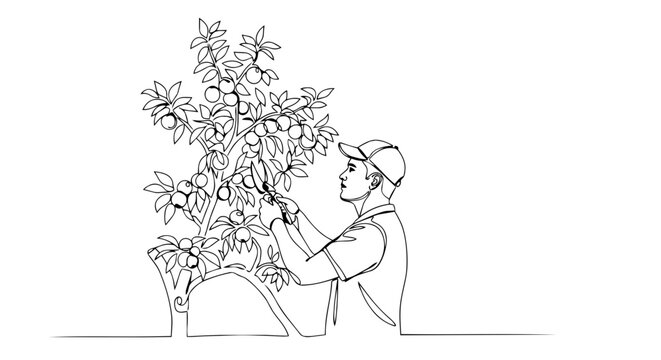 Man pruning a fruit tree one line drawing. Continuous line art illustration of orchard maintenance and gardening. Minimalist vector graphic isolated on white background