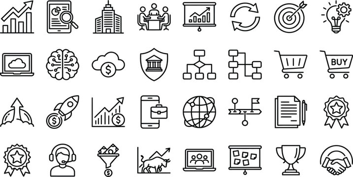 Business and finance icon set with graphs charts strategy symbols, business