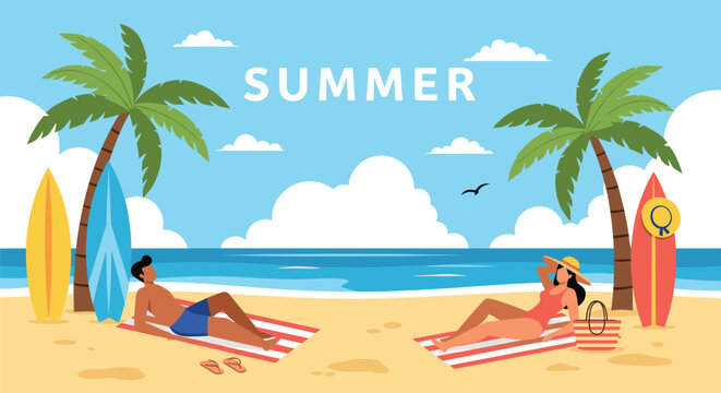 Relaxing summer beach scene with a man and a woman sunbathing on towels near palm trees surfboards and the blue ocean waves.