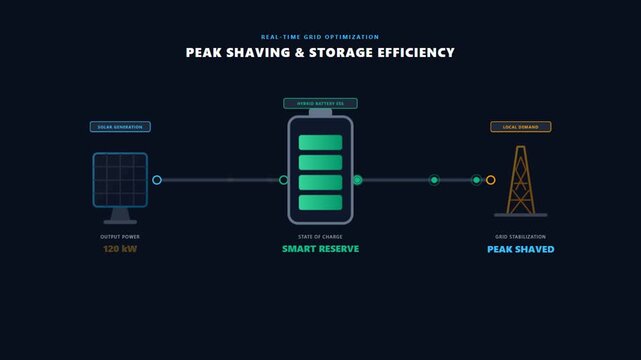 Solar Power Grid Optimization Diagram Showing Peak Shaving and Storage