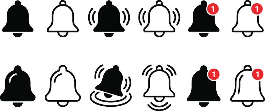 Notification bell icon set with alert badge unread message reminder