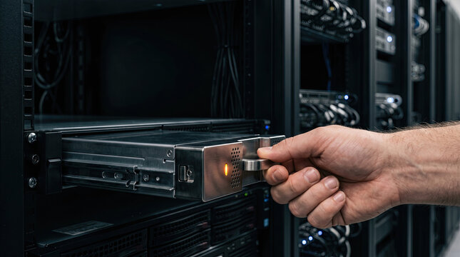 IT technician removing hot swap hard drive representing enterprise data center maintenance