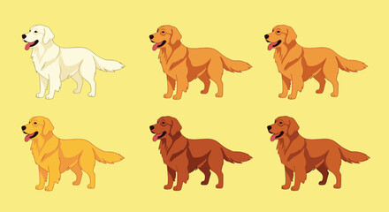 Naklejka premium Collection of golden retriever dogs illustrated in different coat shades ranging from cream to deep gold shown in a standing profile view.