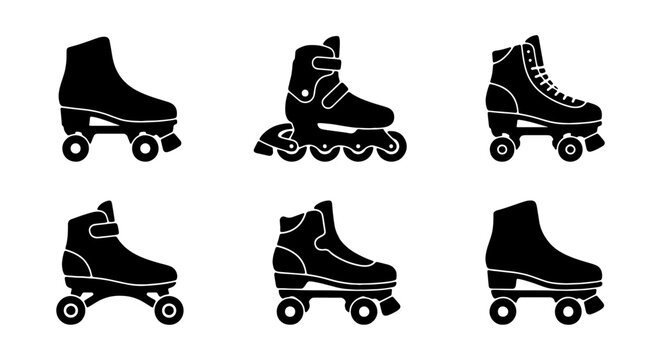 Roller Skate Icons Set, Inline Skates, Quad Skates, Black Vector Graphics