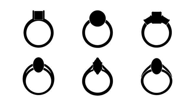 Six Ring Icons, Jewelry Symbols, Gemstone Settings, Engagement Ring Vector Set