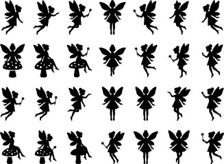 Fototapeta premium A vector illustration shows various fairies dancing and playing in a whimsical scene with mushrooms and flowers.