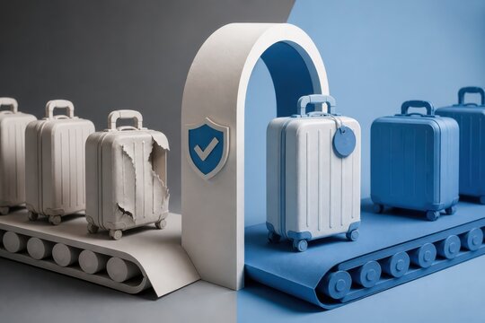 Airport luggage screening and baggage security concept with suitcases on conveyor belts