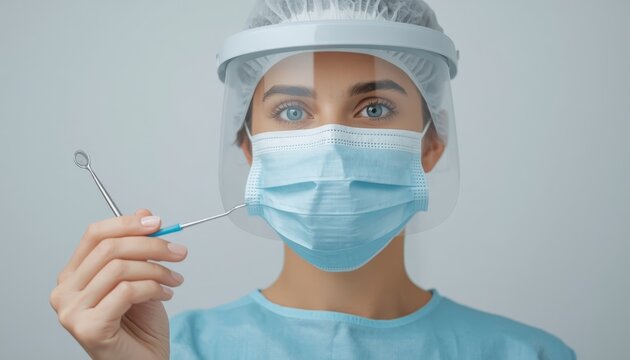 There is a woman wearing a surgical mask and holding a pair of scissors