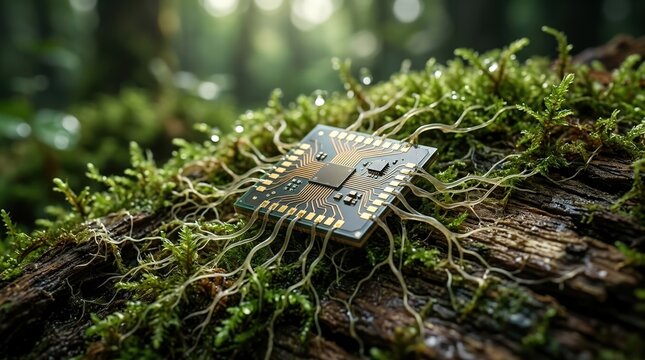 Microchip integrated into a biological world with microelectronics macro, technology biochip circuit innovation science, digital