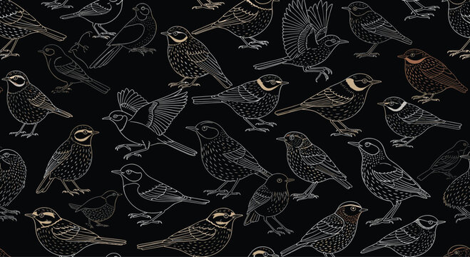 Seamless pattern of bird outlines featuring small passerines like larks or pipits with one detailed brown bird on a black background.