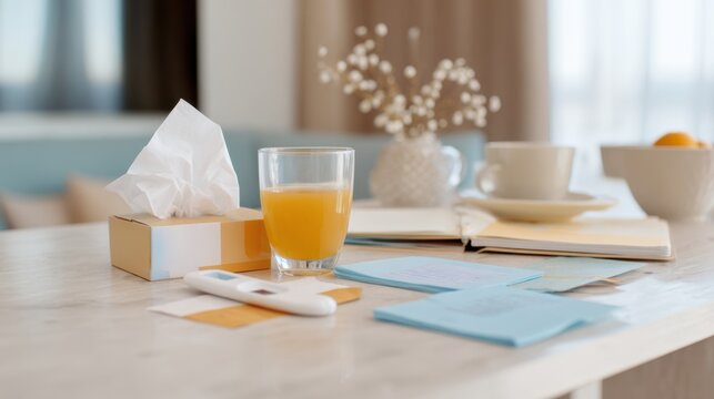 Home sick day still life with tissues, glass of orange juice and thermometer for healthcare, recovery and wellness social media design background