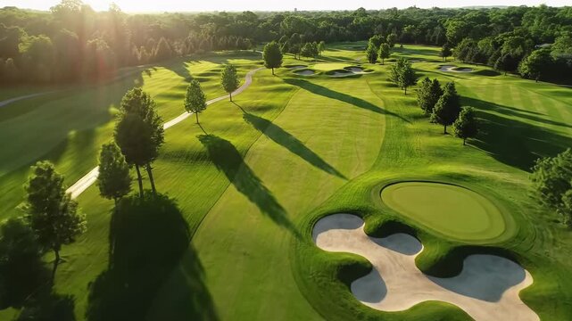 breathtaking high-altitude aerial drone video of an immaculate sprawling golf course at golden hour, with pristine emerald fairways, luminous white sand bunkers, and vibrant trees casting long