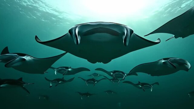 Large School of Manta Rays Swimming in Deep Blue Ocean with Sunlight Rays Filtering Through Water.
