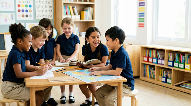Diverse group of happy children collaborating around a table in a classroom. Elementary students in uniform learning with a world map and books