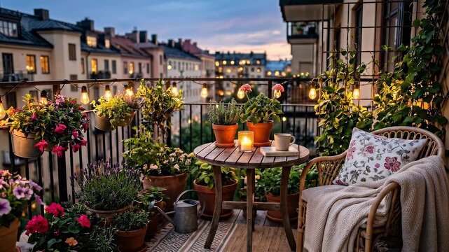 Panning shot of cozy balcony with potted plants, small wooden table and chair, lit candles and string lights overlooking apartment rooftops at dusk