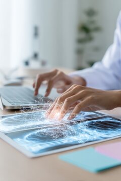 Doctor using tablet to view medical scans with ai network overlay for radiology analysis and diagnostic healthcare presentation, poster, background