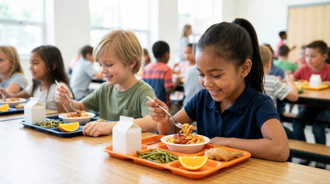 Smiling young Asian girl eating spaghetti from a tray in a school cafeteria. Happy elementary students enjoying lunch together at a wooden table. Childhood nutrition and daily routine