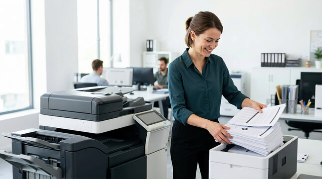 Smiling businesswoman taking printed papers from office copier. Female assistant organizing stack of documents by large printer in modern workplace