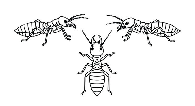 Scientific line art illustration of termites showing three different views including dorsal and lateral perspectives for study.