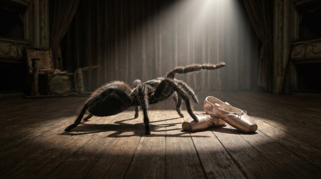 Large tarantula spider on a ballet stage with pointe shoes and spotlight, surreal grace and theater drama, unusual movement and