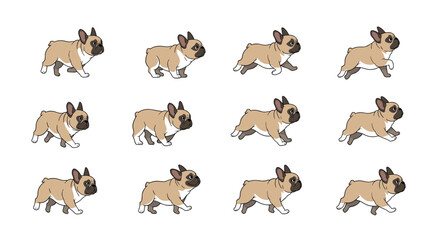 Fototapeta premium Animation sequence showing a French bulldog walking cycle with twelve individual frames for professional motion design projects.