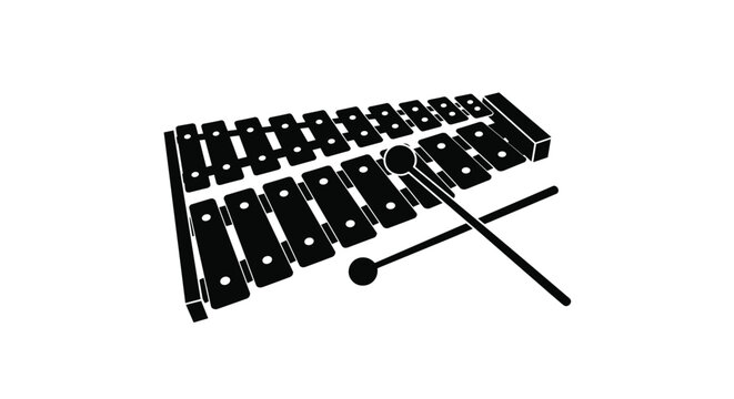 Black silhouette of a professional musical xylophone with two mallets on a white background showing detailed bars and frame structure design.