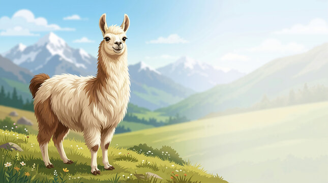Digital illustration of a fluffy llama standing on a grassy hill. Scenic mountain landscape background with snow-capped peaks. Copy space for text