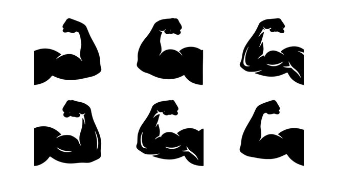 Muscular arm silhouette set, 6 bicep muscle icons, fitness and bodybuilding vector art