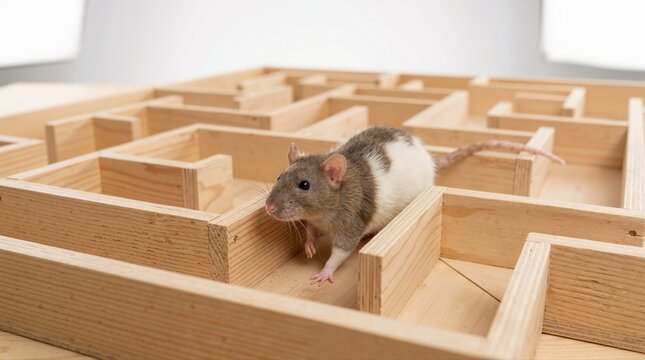 Brown and white rat navigating a wooden maze. Domestic pet rodent exploring a labyrinth puzzle. Intelligence and problem solving concept