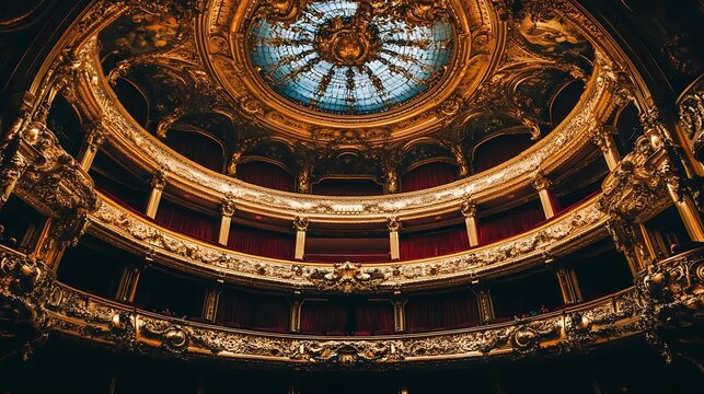 Opulent interior of a historic opera house with golden ornate balconies and a grand domed ceiling