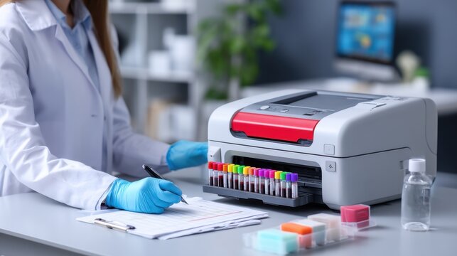 Clinical laboratory blood sample analysis with technician writing results and sample printer for medical design, poster and background