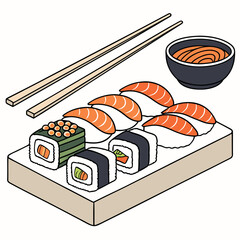 Vector illustration of sushi set with chopsticks and soy sauce on a plate © MD
