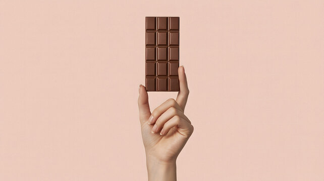 Hand holding a single bar of dark chocolate against a solid pastel pink background, captured in a minimalist studio style with soft lighting.