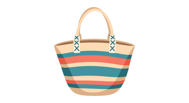Beach tote bag with blue and orange stripes and tan handles isolated on a white background for summer vacation and holiday travel themes.