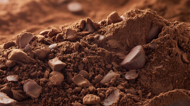 Close-up of Raw Cocoa Powder and Chocolate Chunks, A Rich Textured Macro Shot of Dark Baking Ingredients in a Rustic Kitchen Setting with Warm Ligh...