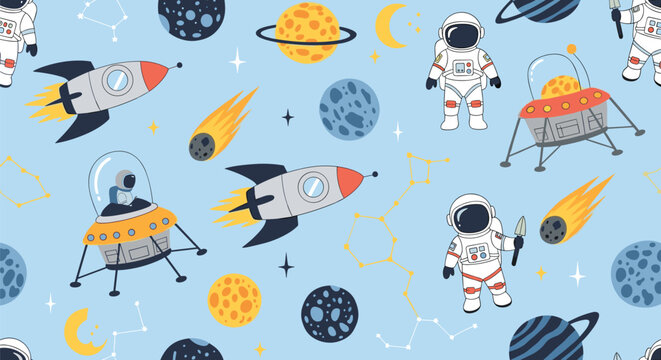 Seamless pattern of space elements including brave astronauts, rockets, alien flying saucers, planets, and golden stars on a blue sky theme.
