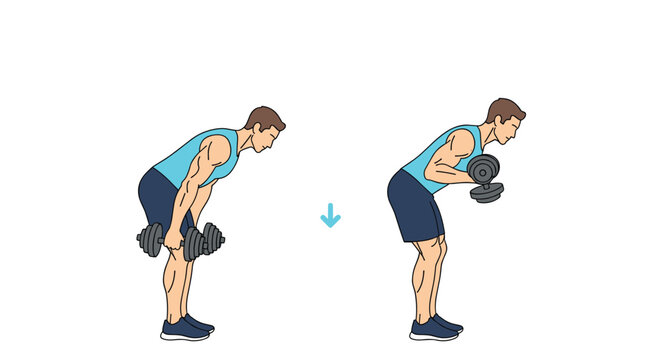Male fitness enthusiast demonstrates the correct form for a bent over dumbbell row exercise in two steps for back muscle development.
