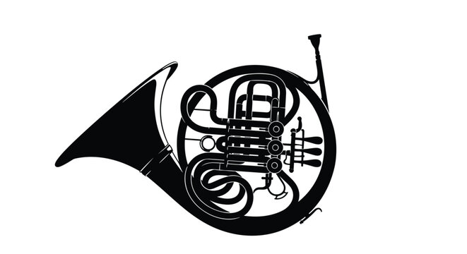 Professional orchestral french horn silhouette in solid black with detailed valves and tubing shown on a plain white background for music art.