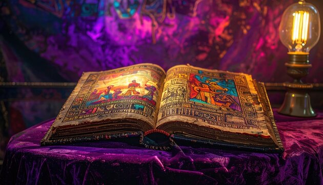 Ornate Illuminated Aztec Codex Pages Unfolded Revealing Complex Pictograms and Ancient History