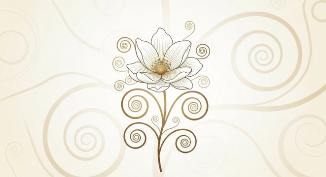 Filigrane Blumenzeichnung mit goldenen Spiralen auf cremefarbenem Hintergrund im eleganten minimalistischen Stil Generative KI