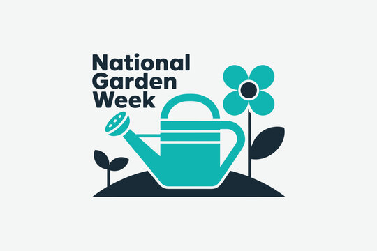 National Garden Week Icon with Watering Can Flowers and Sprouts Green and Navy