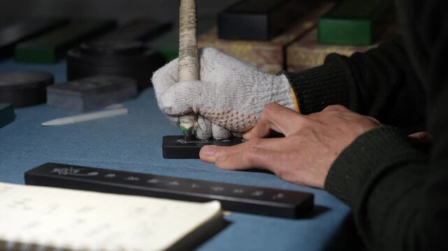 Artisan wearing gloves holding carving knife engraving seal stone with focus on craftsmanship