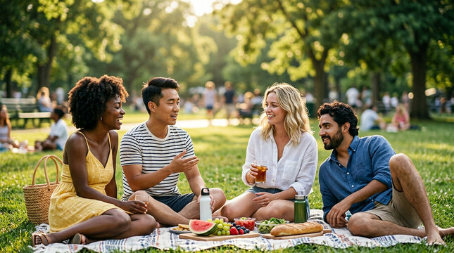 A diverse group of four friends enjoying a sunny picnic in a park, sharing food and conversation on a blanket. Trees and other park-goers form a soft background