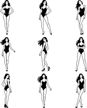 Collection of nine fashion model line art, swimsuit woman catwalk poses and female beauty pageant vector outline sheet