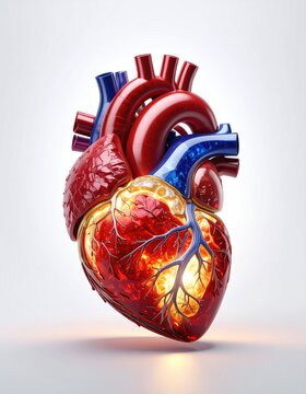 Realistic anatomical heart, red and blue vessels, glowing internal warmth