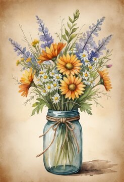 Aquarellstrau&szlig; aus bunten Wildblumen in einem Glasgef&auml;&szlig; vor warmem Vintagepapier mit nostalgischem Landhauscharme Generative KI