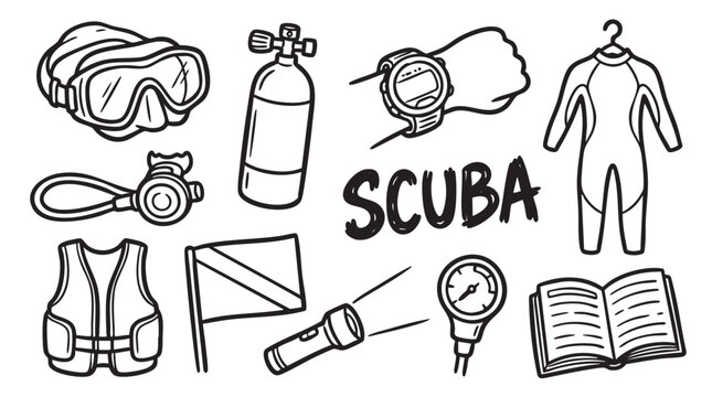 Collection of scuba diving equipment doodles including mask oxygen tank wetsuit and fins in hand drawn vector style.
