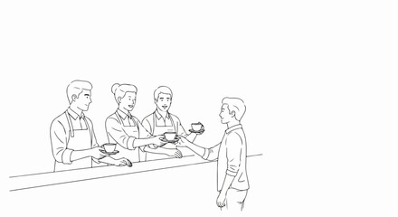 Obraz premium Minimalist line drawing of business meeting with people seated around table and one standing presenting. Vector illustration in clean sketch style for corporate presentations.