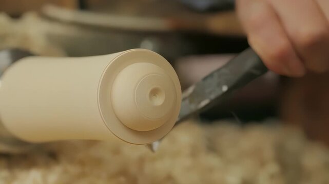Close-up of wood turning on a lathe with a chisel shaping the material