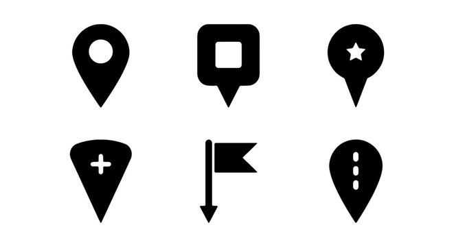 Map icons, location markers, navigation symbols, vector graphics